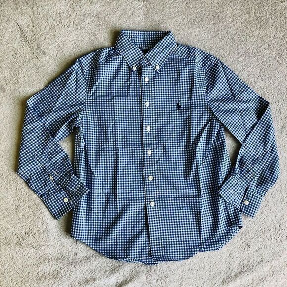 NWOT Ralph Lauren Boys Natural Stretch Blue Checked Long Sleeve Button Down Shir - Picture 1 of 7
